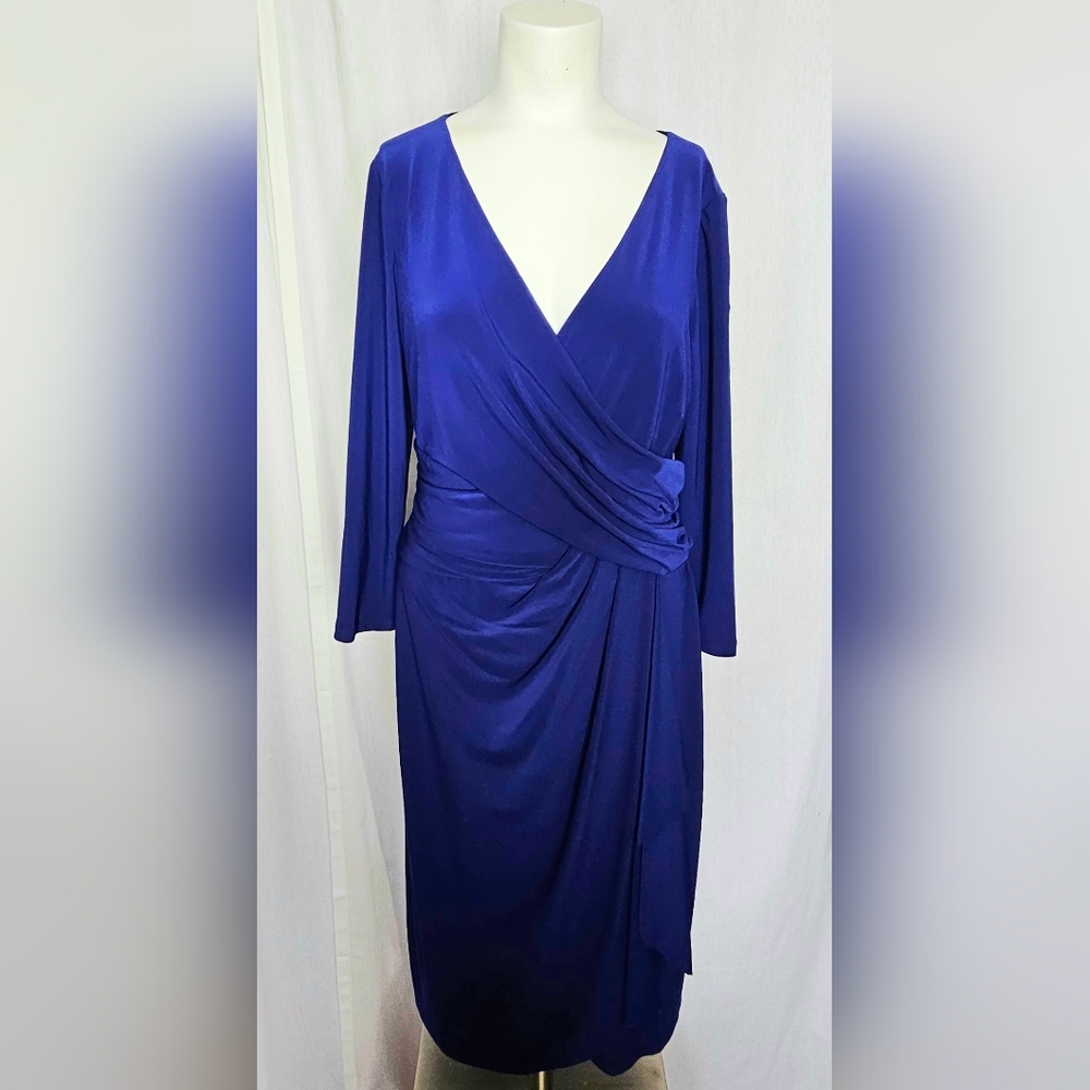 Ralph Lauren Chaps Navy Blue Long‎ Sleeve Ruched Ruffle Wrap Dress Size L